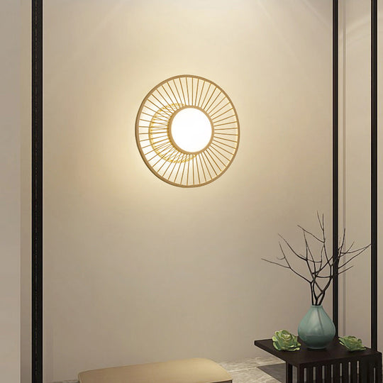 Bamboo Simplicity Led Wall Lighting: Wheel-Shaped Wood Mount Light For Living Room