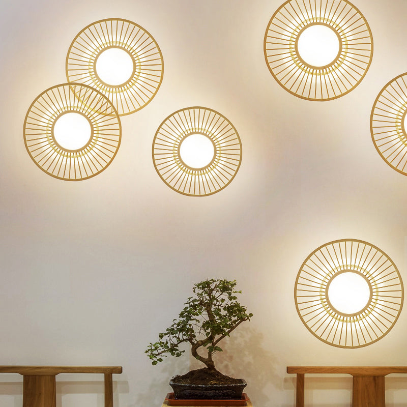 Bamboo Simplicity Led Wall Lighting: Wheel-Shaped Wood Mount Light For Living Room