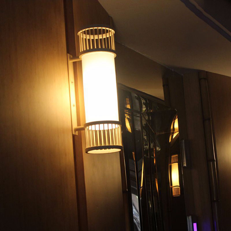 Modern Bamboo Wood Wall Light Fixture For Corridor - Cylindrical Mount Single