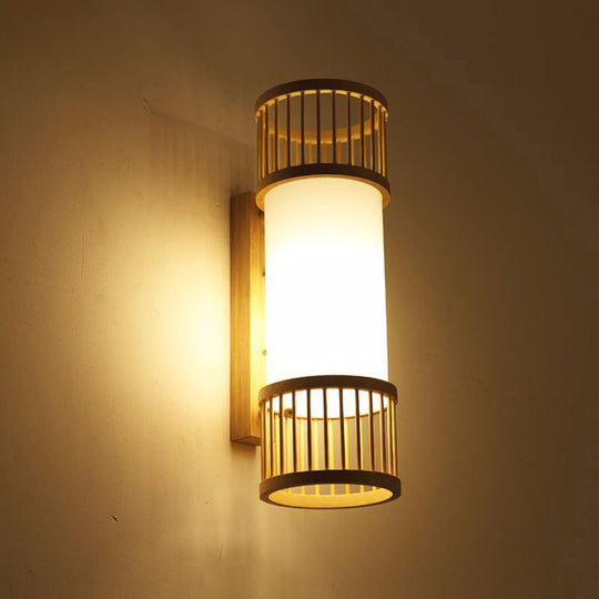 Modern Bamboo Wood Wall Light Fixture For Corridor - Cylindrical Mount Single