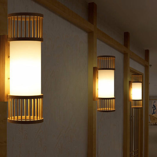 Modern Bamboo Wood Wall Light Fixture For Corridor - Cylindrical Mount Single