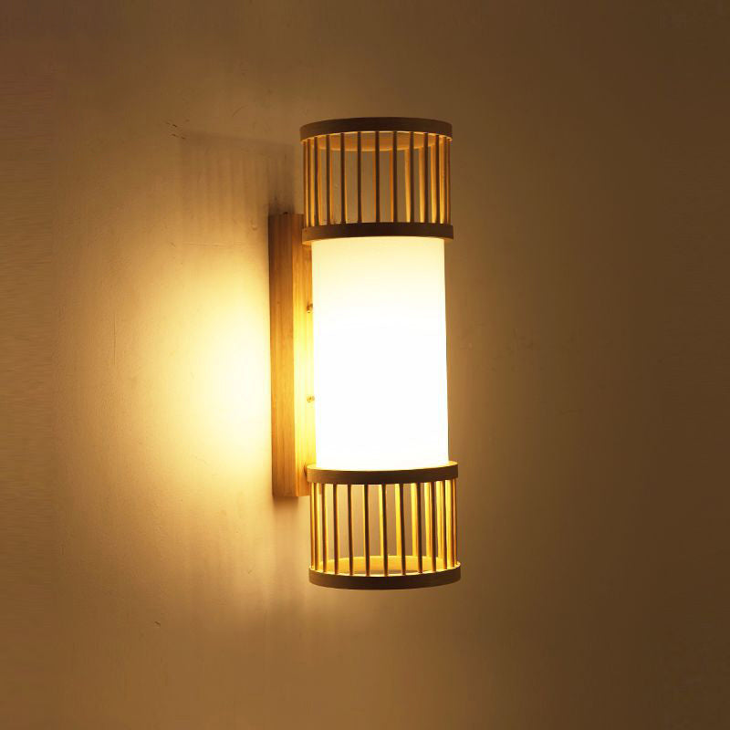 Modern Bamboo Wood Wall Light Fixture For Corridor - Cylindrical Mount Single