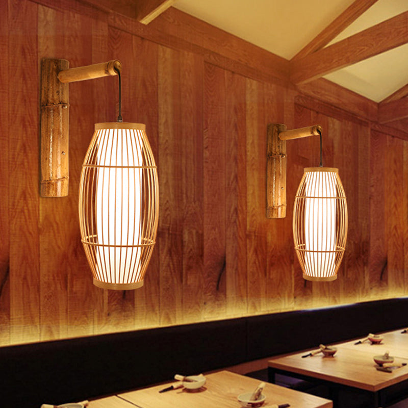 Minimalist Bamboo Wall Light: 1-Head Wood Fixture For Restaurant Lighting