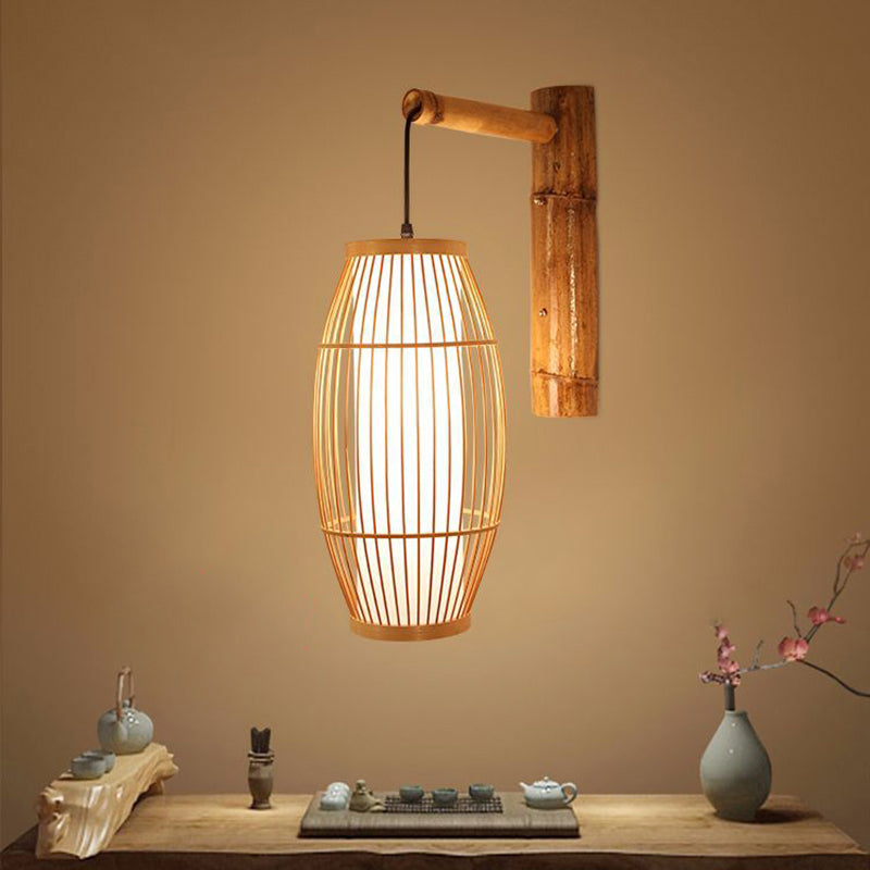 Minimalist Bamboo Wall Light: 1-Head Wood Fixture For Restaurant Lighting