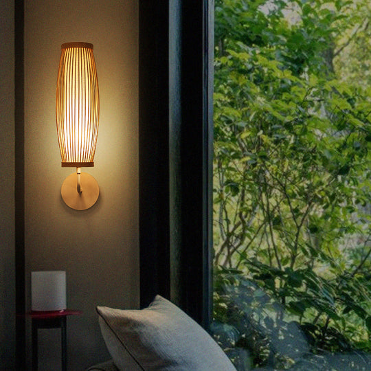 Elongated Bamboo Wall Lamp For South-East Asian Corridors - Wood Mount