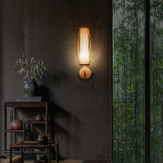 Elongated Bamboo Wall Lamp For South-East Asian Corridors - Wood Mount