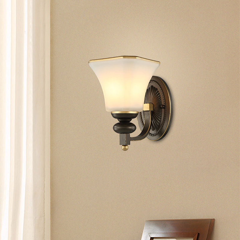 Retro Bell Wall Lamp - 1 Light Frosted Glass Sconce With Metal Curved Arm In Black For Porch