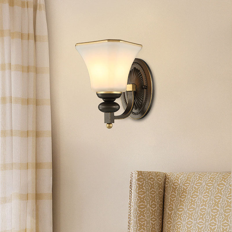 Retro Bell Wall Lamp - 1 Light Frosted Glass Sconce With Metal Curved Arm In Black For Porch