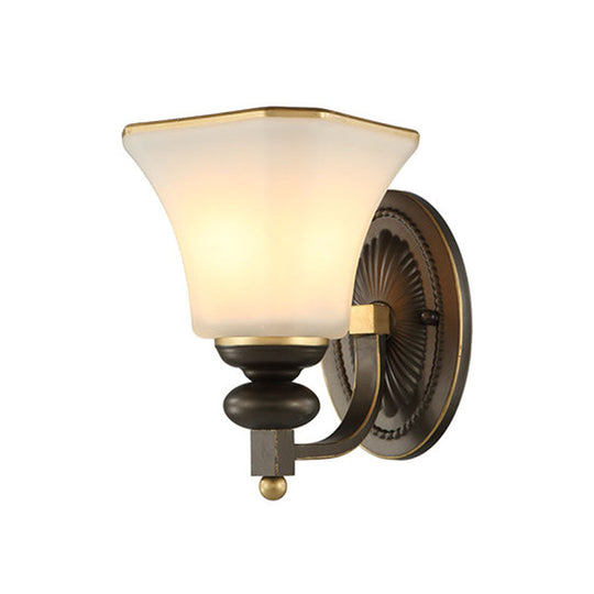 Retro Bell Wall Lamp - 1 Light Frosted Glass Sconce With Metal Curved Arm In Black For Porch