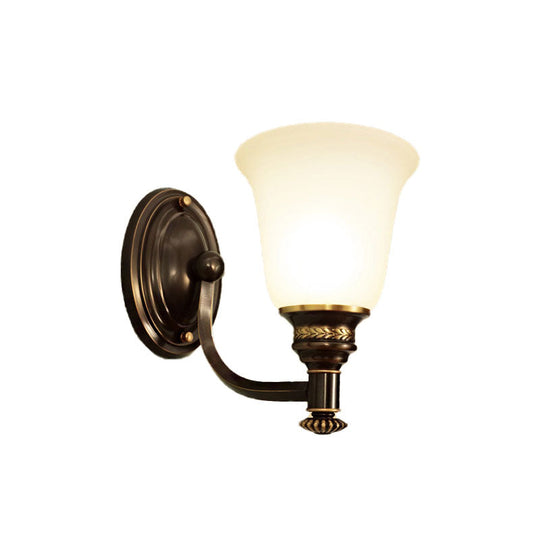 Retro Flared Sconce Light Fixture - White Glass Wall Mounted With Metal Curved Arm In Black-Gold