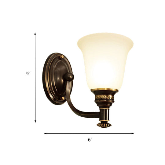 Retro Flared Sconce Light Fixture - White Glass Wall Mounted With Metal Curved Arm In Black-Gold