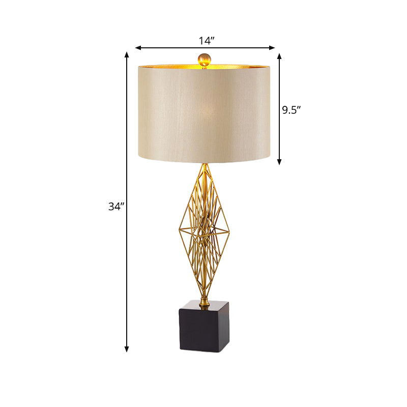 Geometric Base Gold Drum Study Light: Traditional Fabric Task Lighting For Bedroom