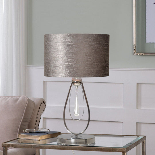 Traditional Grey Fabric Drum Desk Lamp With Metal Base - Ideal For Bedroom Reading