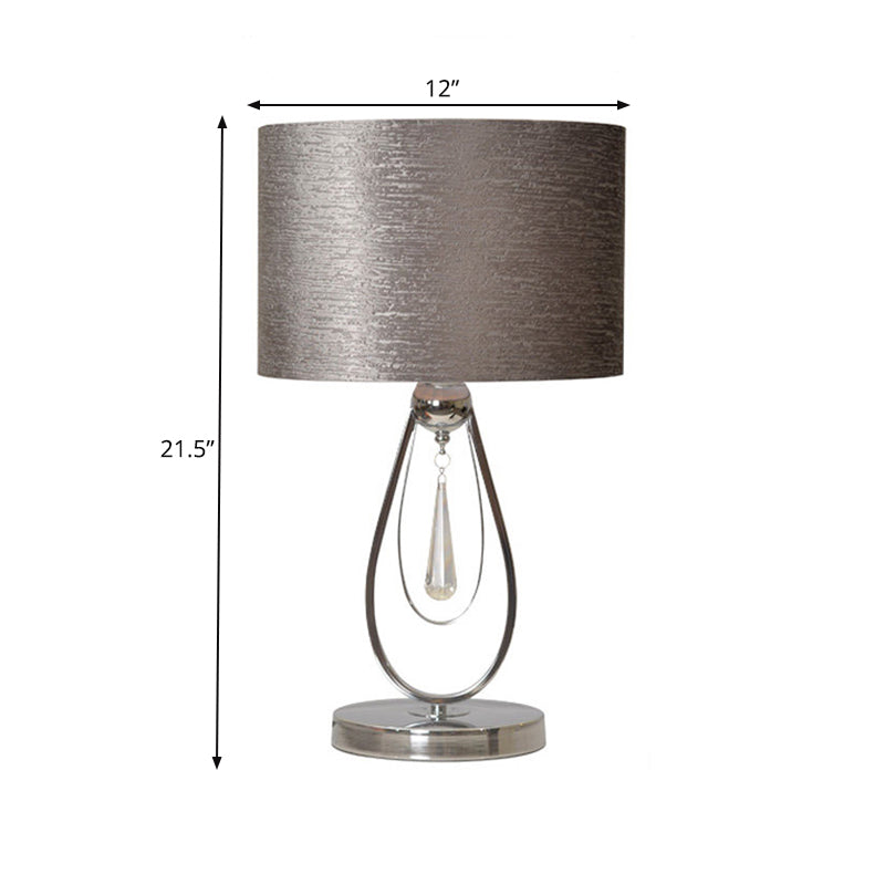 Traditional Grey Fabric Drum Desk Lamp With Metal Base - Ideal For Bedroom Reading