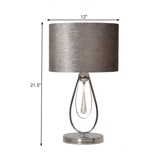 Traditional Grey Fabric Drum Desk Lamp With Metal Base - Ideal For Bedroom Reading