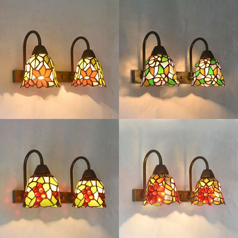 2-Head Tiffany Glass Wall Sconce Light In Flared Red/Purple/Pink With Flower Pattern