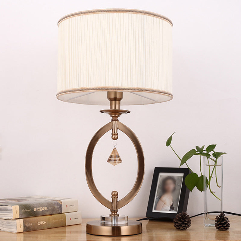 Drum Desk Lamp - Traditional Gold Fabric | 1 Light Bedroom Reading With Iron Ring