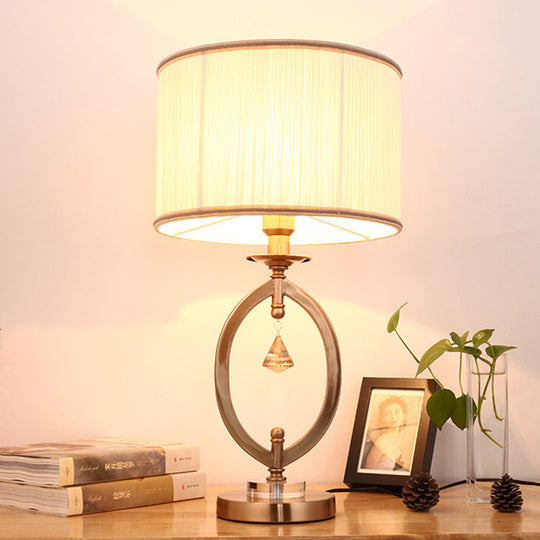 Drum Desk Lamp - Traditional Gold Fabric | 1 Light Bedroom Reading With Iron Ring