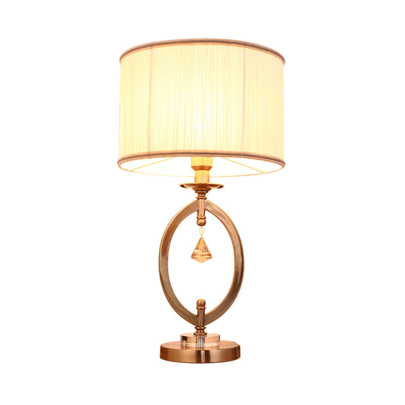 Drum Desk Lamp - Traditional Gold Fabric | 1 Light Bedroom Reading With Iron Ring