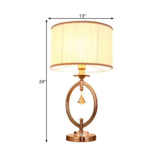 Drum Desk Lamp - Traditional Gold Fabric | 1 Light Bedroom Reading With Iron Ring