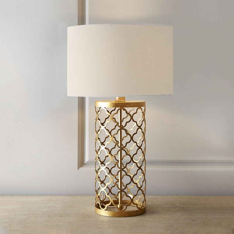 Gold Drum Fabric Task Lighting Bedroom Desk Lamp With Traditional Style And Cylinder Cage