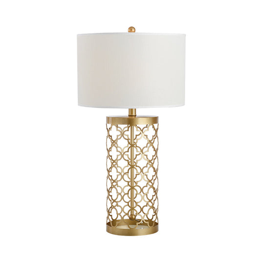 Gold Drum Fabric Task Lighting Bedroom Desk Lamp With Traditional Style And Cylinder Cage