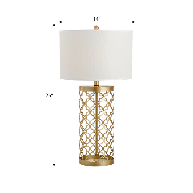 Gold Drum Fabric Task Lighting Bedroom Desk Lamp With Traditional Style And Cylinder Cage