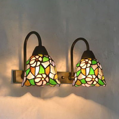 2-Head Tiffany Glass Wall Sconce Light In Flared Red/Purple/Pink With Flower Pattern Pink