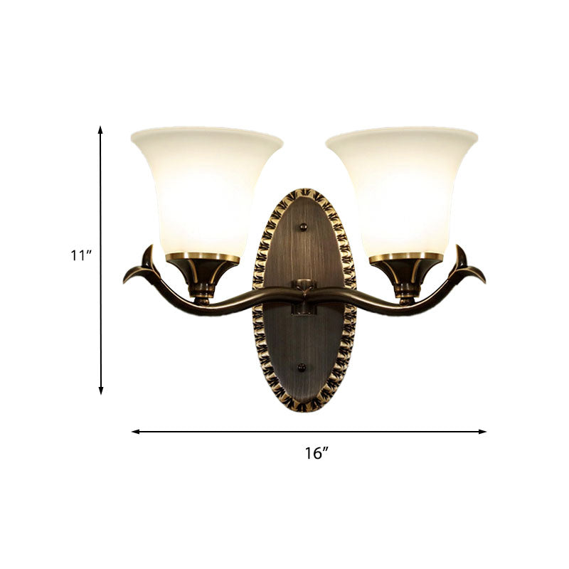 Vintage Style Bell Living Room Wall Light Sconce - Black Metal Lamp With White Glass Shade (1/2