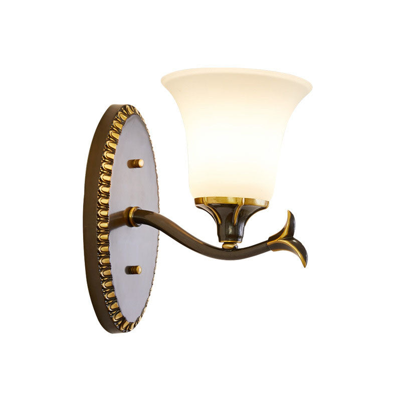 Vintage Style Bell Living Room Wall Light Sconce - Black Metal Lamp With White Glass Shade (1/2