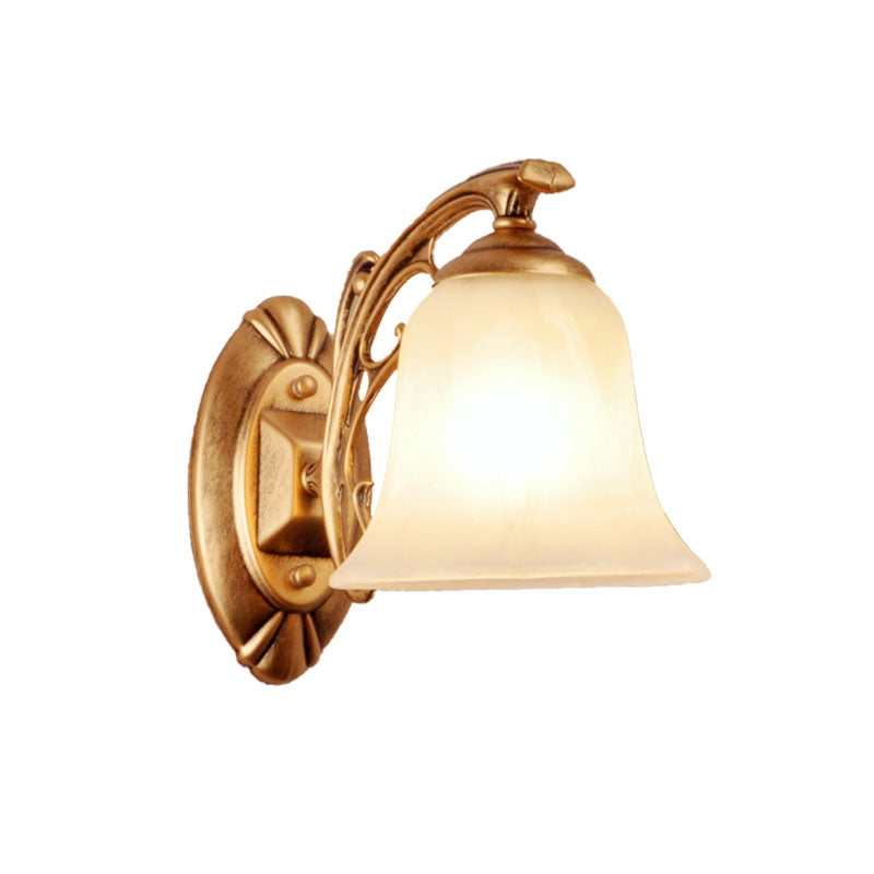 Traditional Gold Bell Wall Sconce With Frosted Glass Shade - 1-Light Metal Light For Living Room