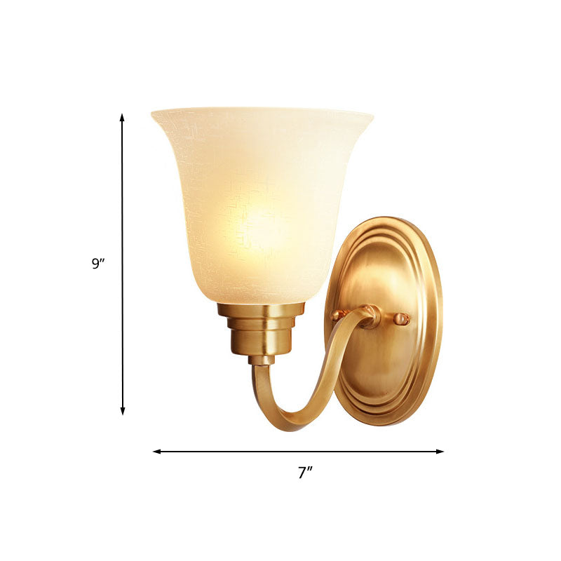 Retro Brass Bell Wall Light Fixture With White Glass Shade - 1-Light Living Room Lamp