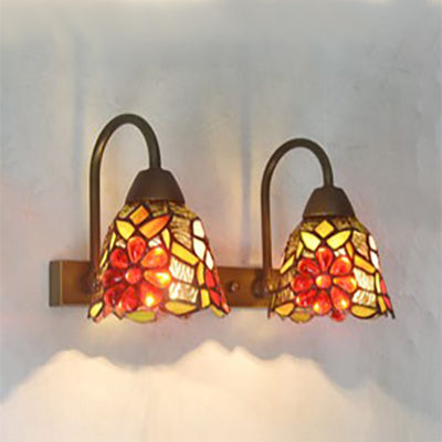 2-Head Tiffany Glass Wall Sconce Light In Flared Red/Purple/Pink With Flower Pattern Red