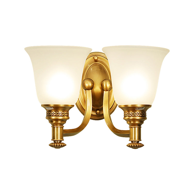 Traditional Wall Sconce With Brass Bell & White Glass Shade Mounted Curvy Metal Arm - Perfect For