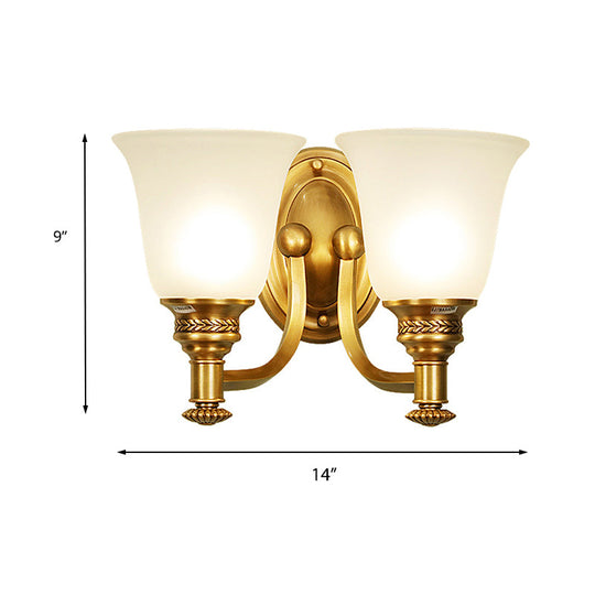 Traditional Wall Sconce With Brass Bell & White Glass Shade Mounted Curvy Metal Arm - Perfect For