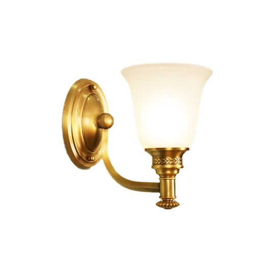 Traditional Wall Sconce With Brass Bell & White Glass Shade Mounted Curvy Metal Arm - Perfect For