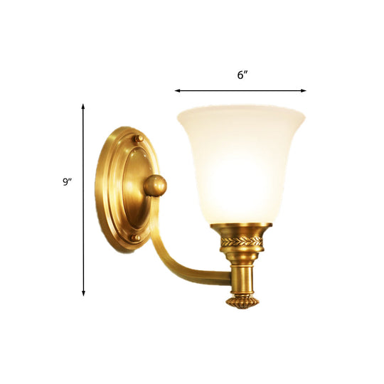 Traditional Wall Sconce With Brass Bell & White Glass Shade Mounted Curvy Metal Arm - Perfect For