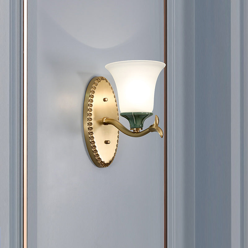 Vintage Brass Bell Sconce With Frosted Glass And Elliptical Backplate For Foyer Lighting 1 /