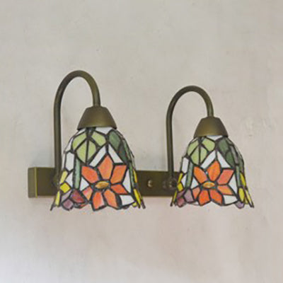 2-Head Tiffany Glass Wall Sconce Light In Flared Red/Purple/Pink With Flower Pattern