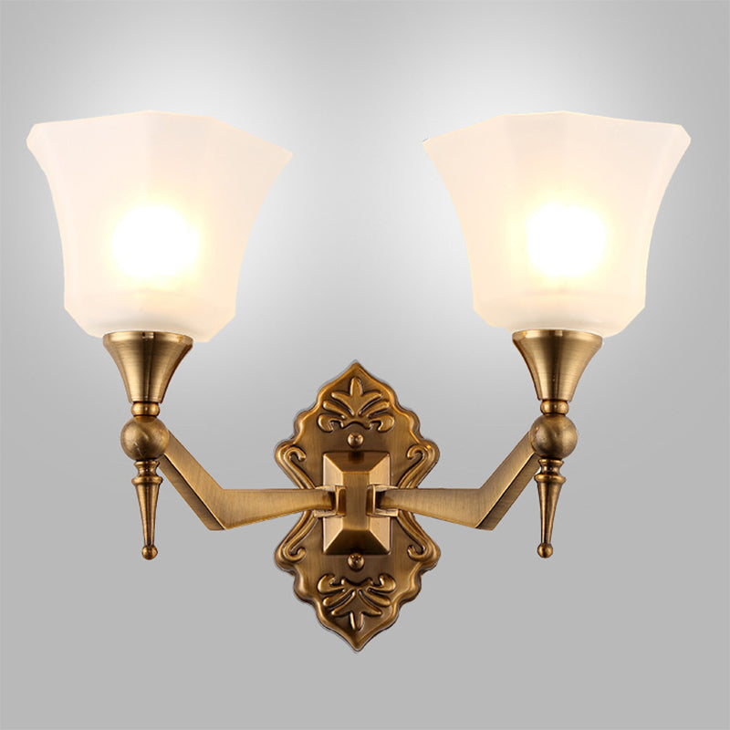 Traditional Flared Wall Sconce Light In Gold With Frosted Glass Shade For Bathroom