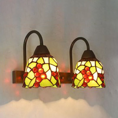 2-Head Tiffany Glass Wall Sconce Light In Flared Red/Purple/Pink With Flower Pattern Purple