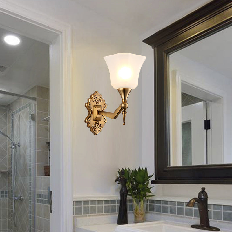 Traditional Flared Wall Sconce Light In Gold With Frosted Glass Shade For Bathroom 1 /