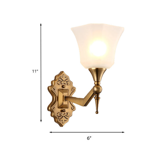 Traditional Flared Wall Sconce Light In Gold With Frosted Glass Shade For Bathroom