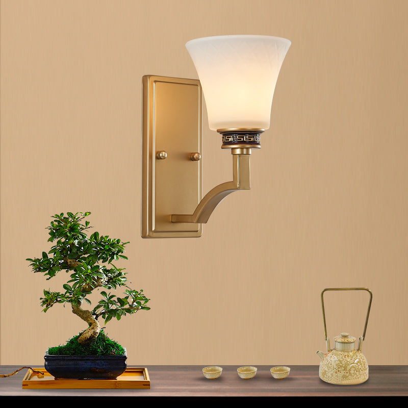 Vintage Flared Wall Sconce With White Glass And Gold Rectangle Backplate - Perfect For Foyer