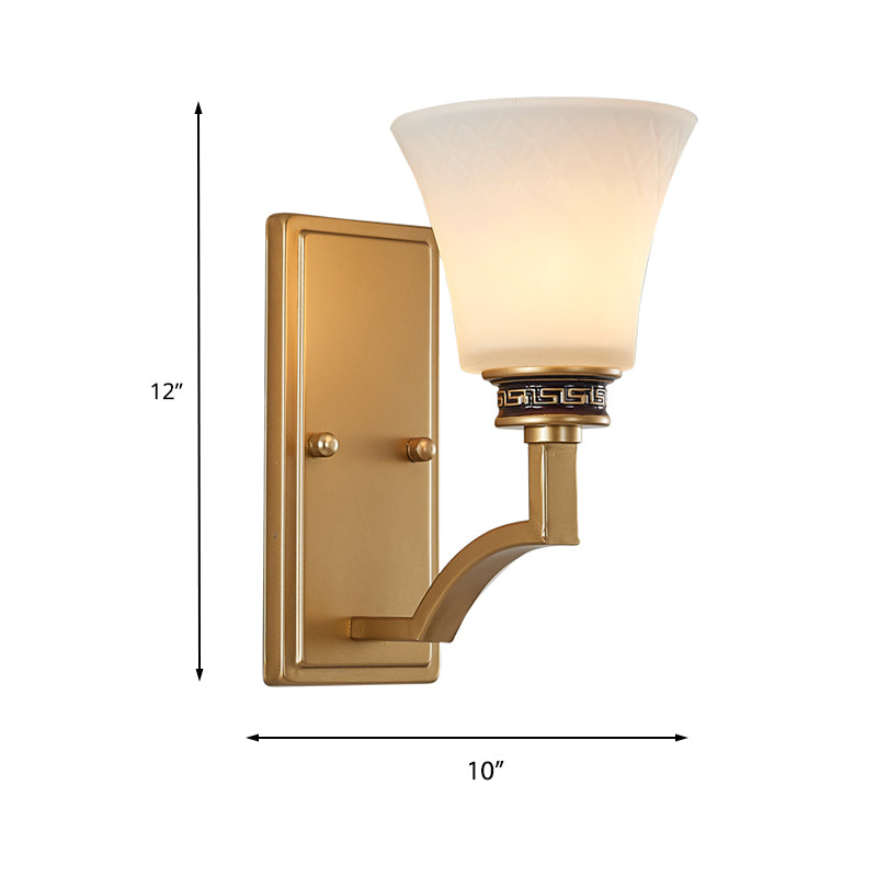 Vintage Flared Wall Sconce With White Glass And Gold Rectangle Backplate - Perfect For Foyer