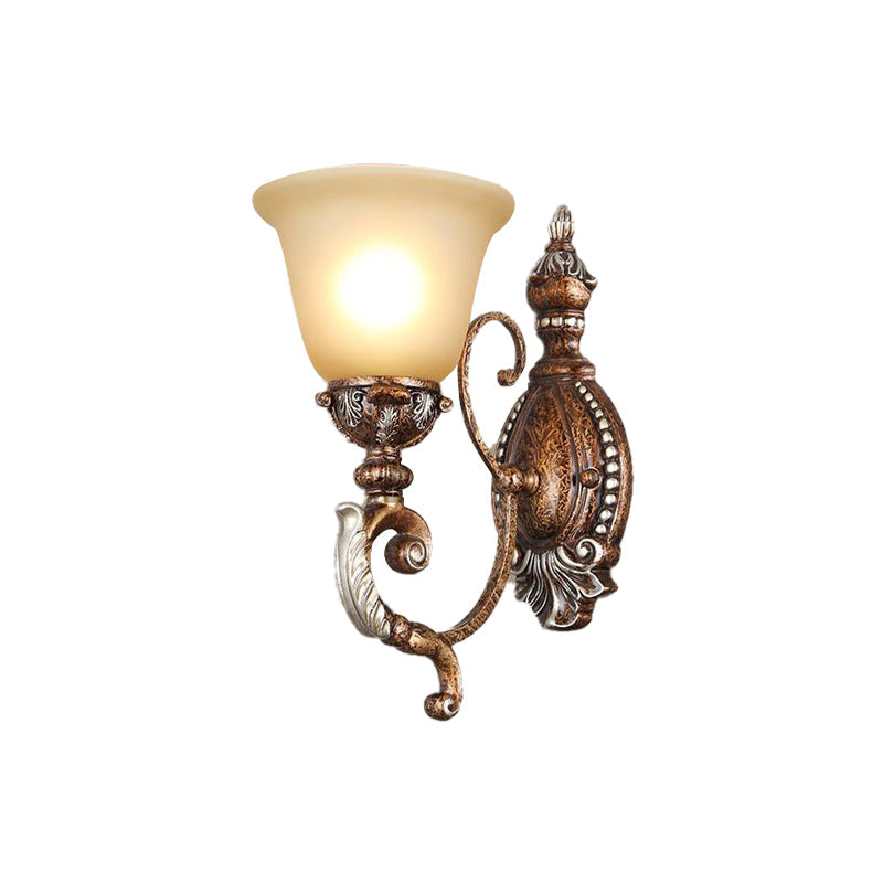 Vintage Sconce Light Fixture: 1-Light Frosted Glass Wall Mount With Carved Metal Arm In Rust