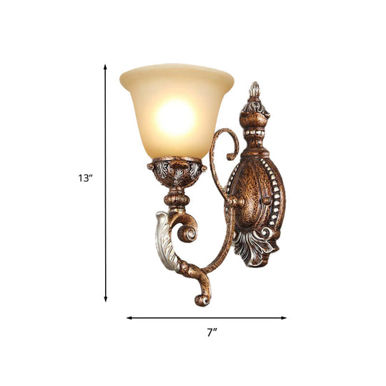 Vintage Sconce Light Fixture: 1-Light Frosted Glass Wall Mount With Carved Metal Arm In Rust