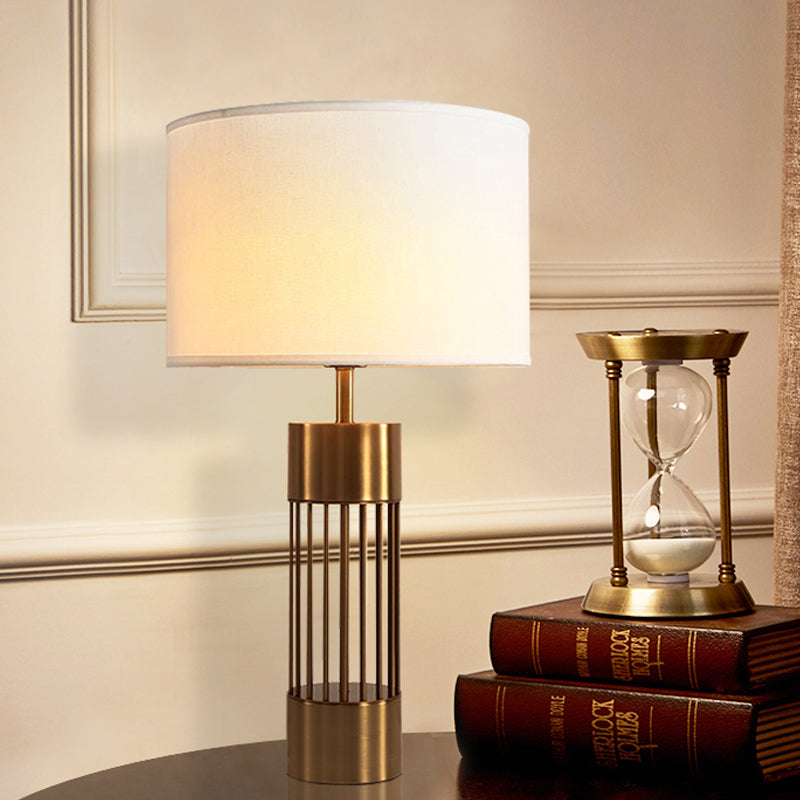 Traditional Brass Drum Fabric Desk Lamp: 1-Light Bedroom Reading Light With Cylinder Base