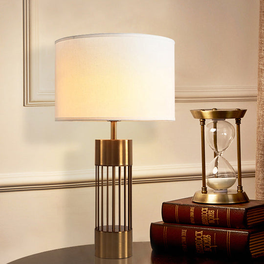 Traditional Brass Drum Fabric Desk Lamp: 1-Light Bedroom Reading Light With Cylinder Base