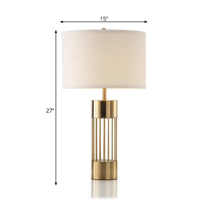 Traditional Brass Drum Fabric Desk Lamp: 1-Light Bedroom Reading Light With Cylinder Base